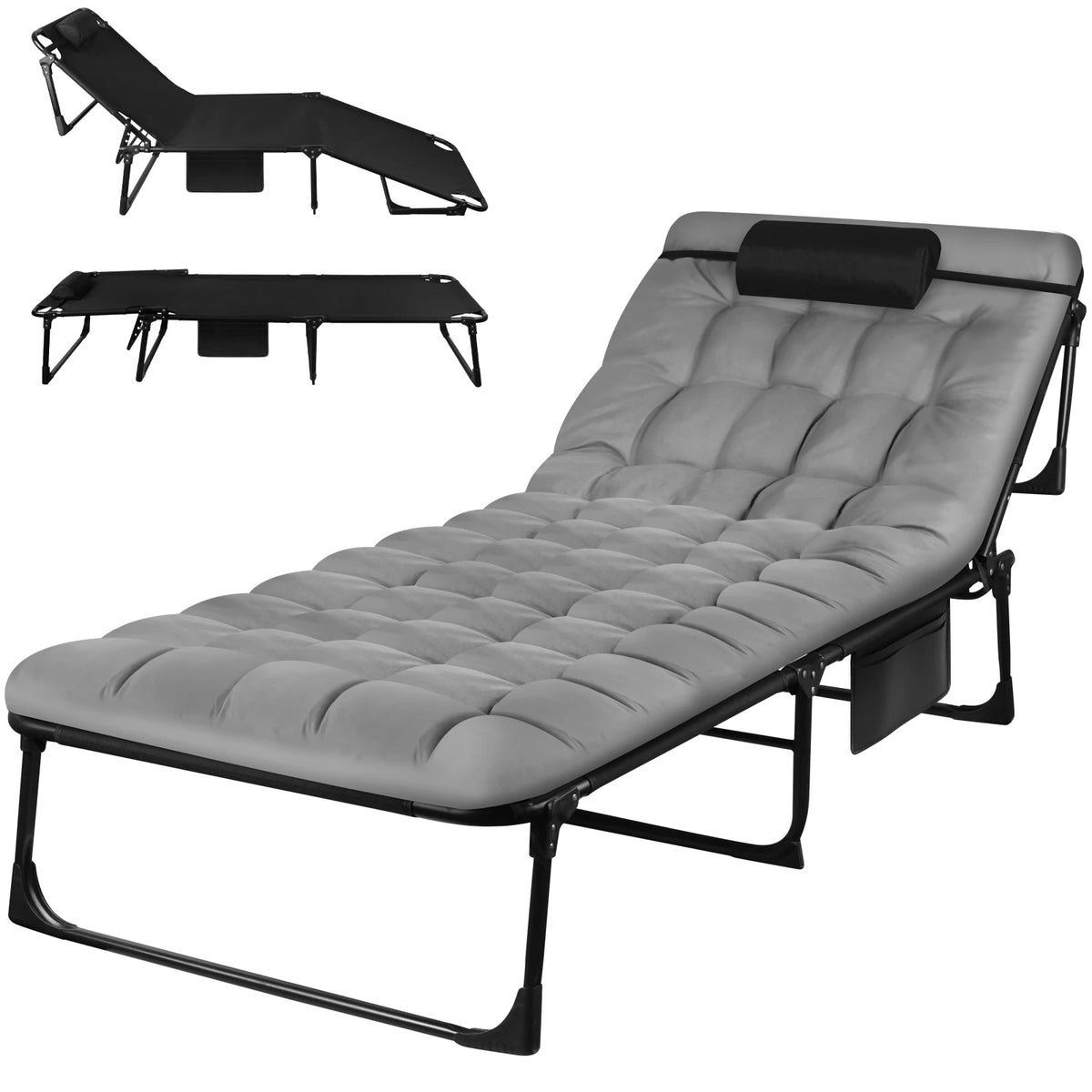 Portable Folding Camping Cot - 3-Position Adjustable Reclining Lounge Chair with Pillow, Outdoor Sleeping Bed (68cm Wide)